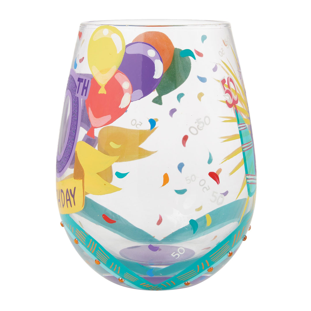 Happy 50th Birthday Stemless Wine Glass by Lolita