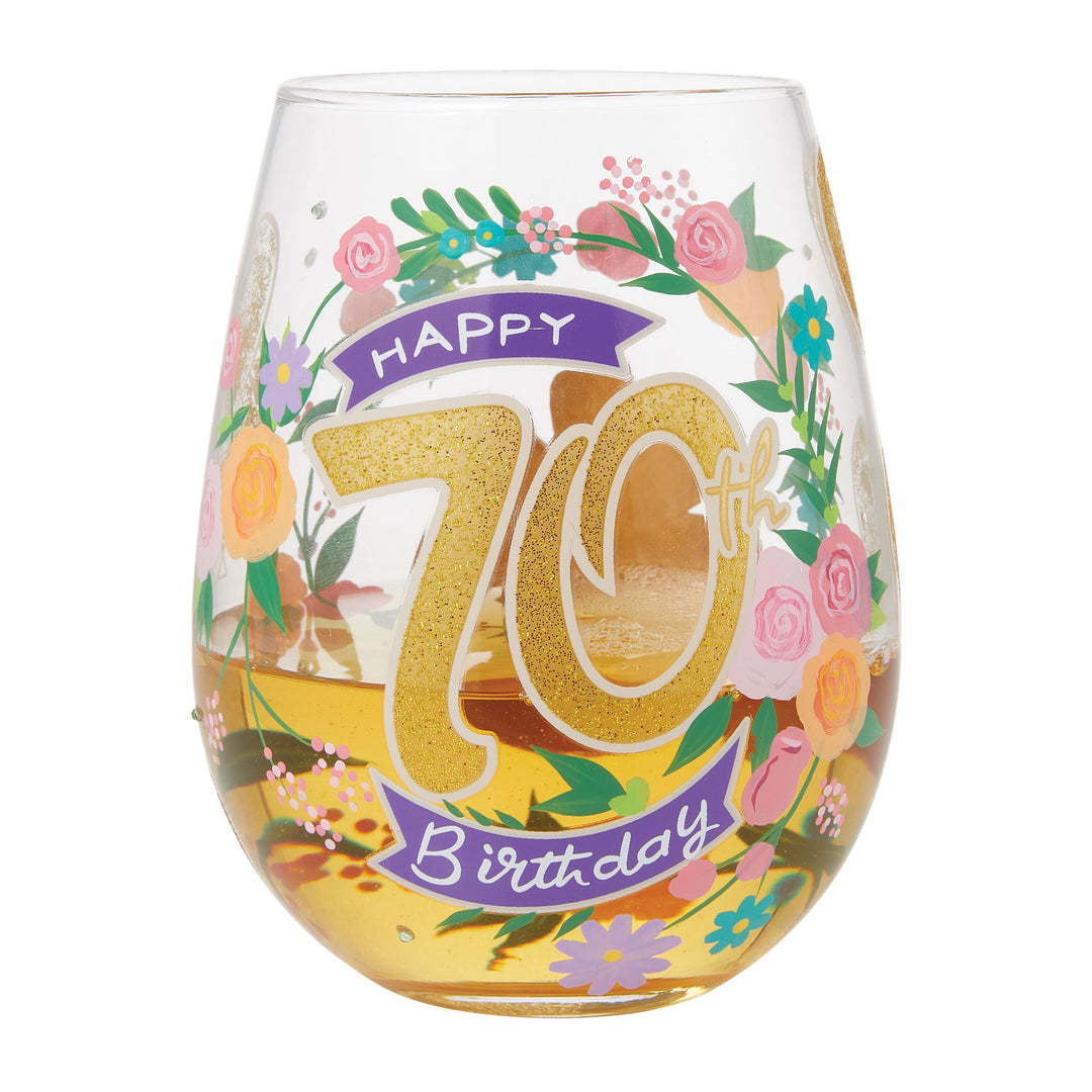 Happy 70th Birthday Stemless Wine Glass by Lolita