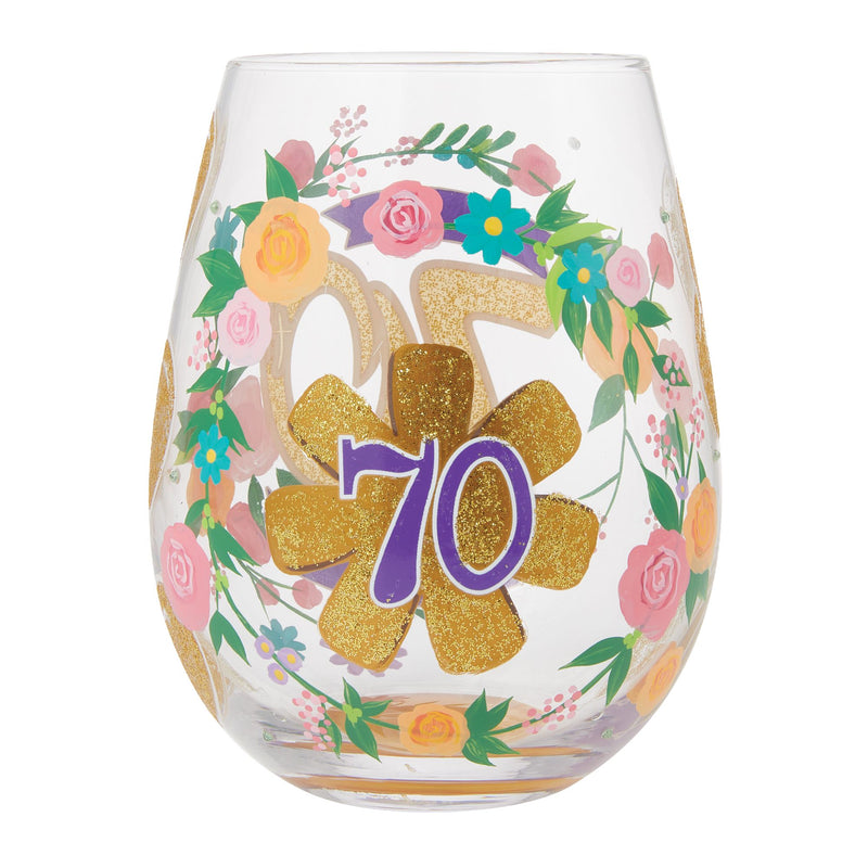 Happy 70th Birthday Stemless Wine Glass by Lolita