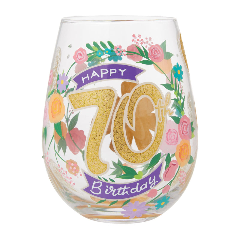 Happy 70th Birthday Stemless Wine Glass by Lolita