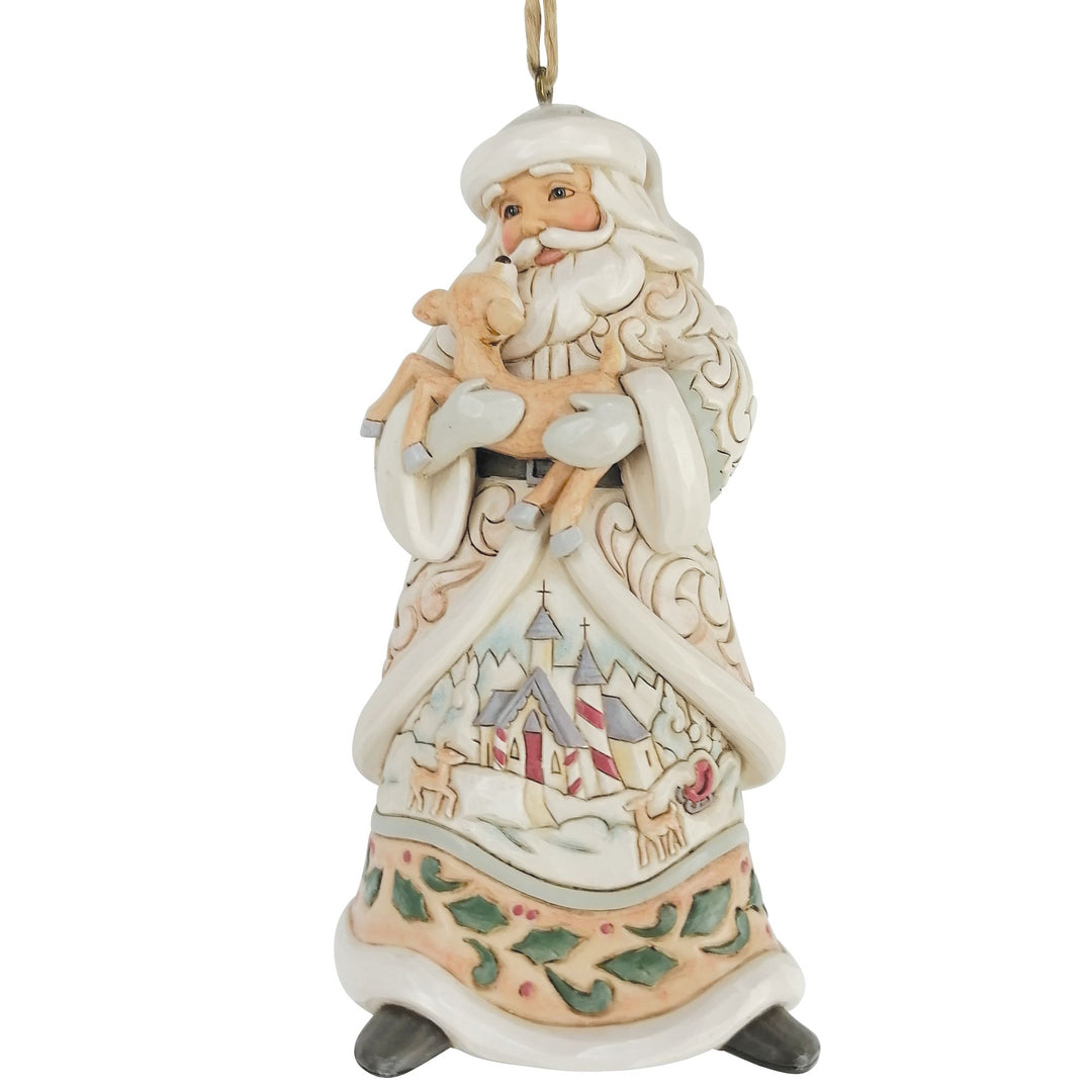 White Woodland Santa holidng a Fawn Hanging Ornament - Heartwood Creek by Jim Shore