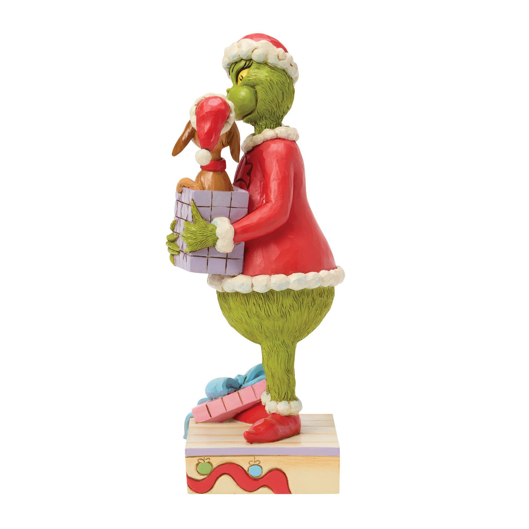 The Grinch Holding Gift with Max Popping Out Figurine