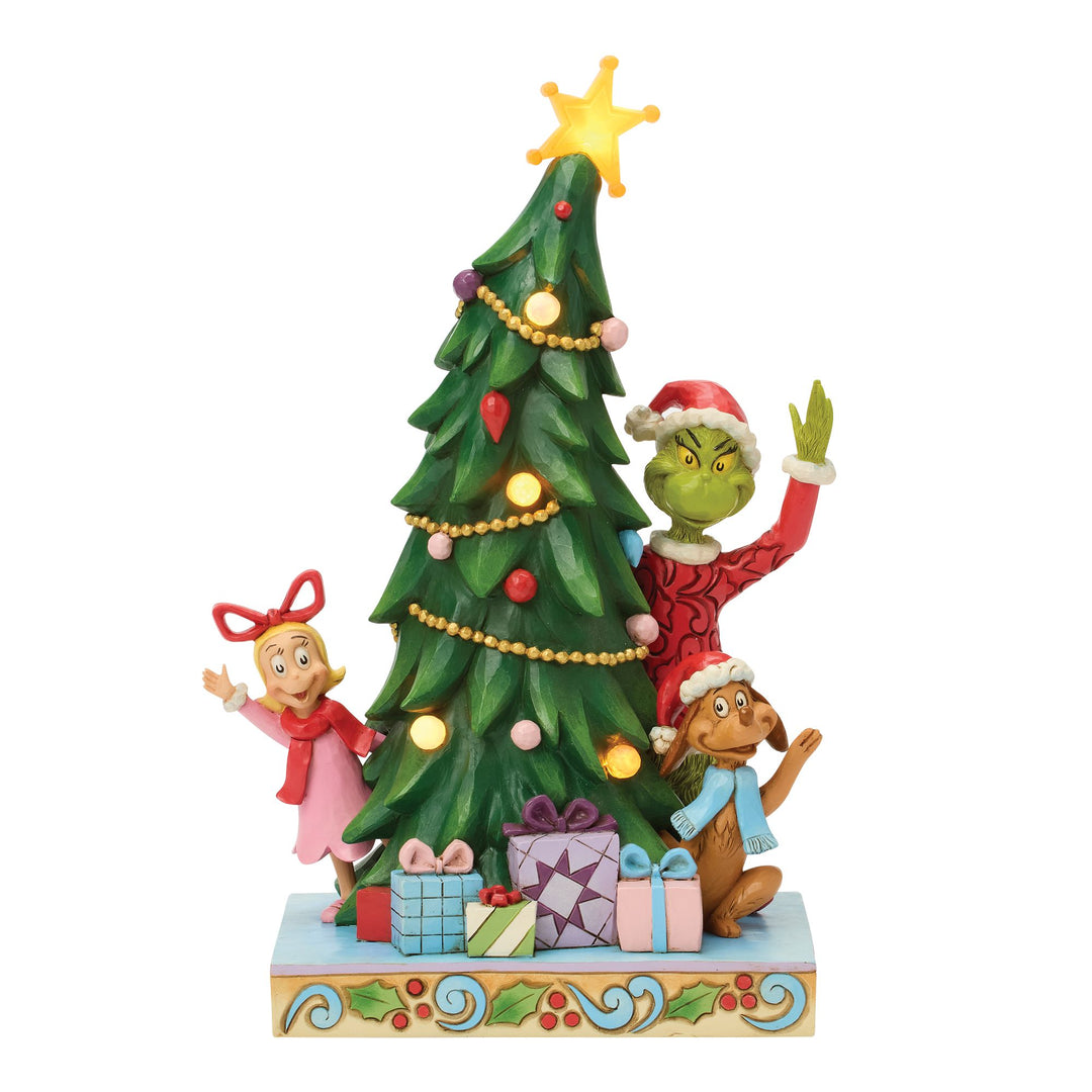 The Grinch, Max and Cindy-Lou Peeking Out From Tree Figurine