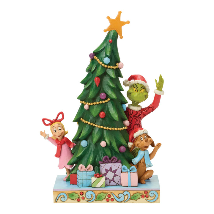 The Grinch, Max and Cindy-Lou Peeking Out From Tree Figurine