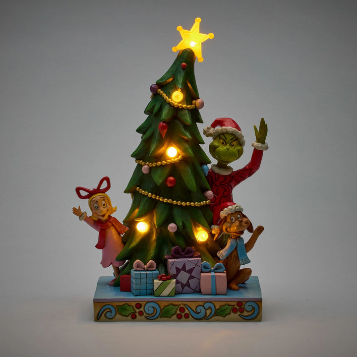 The Grinch, Max and Cindy-Lou Peeking Out From Tree Figurine