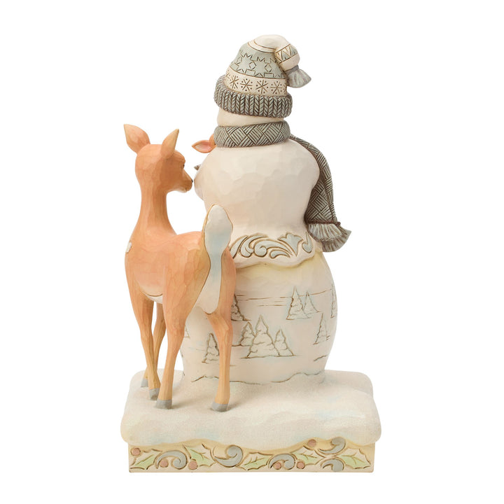 White Woodland Snowman Holding Fawn Figurine - "Winter Blessing"