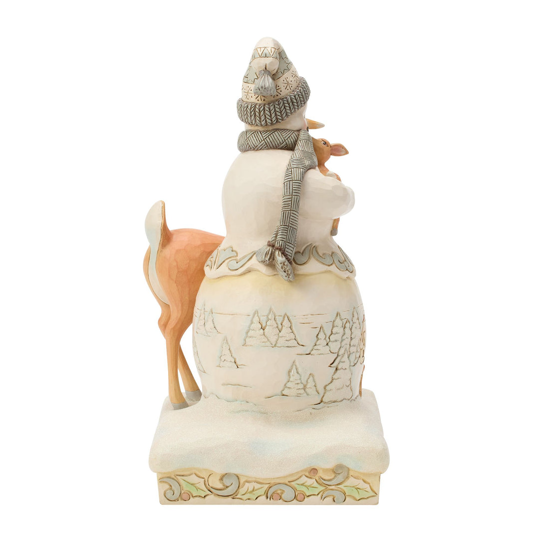 White Woodland Snowman Holding Fawn Figurine - "Winter Blessing"