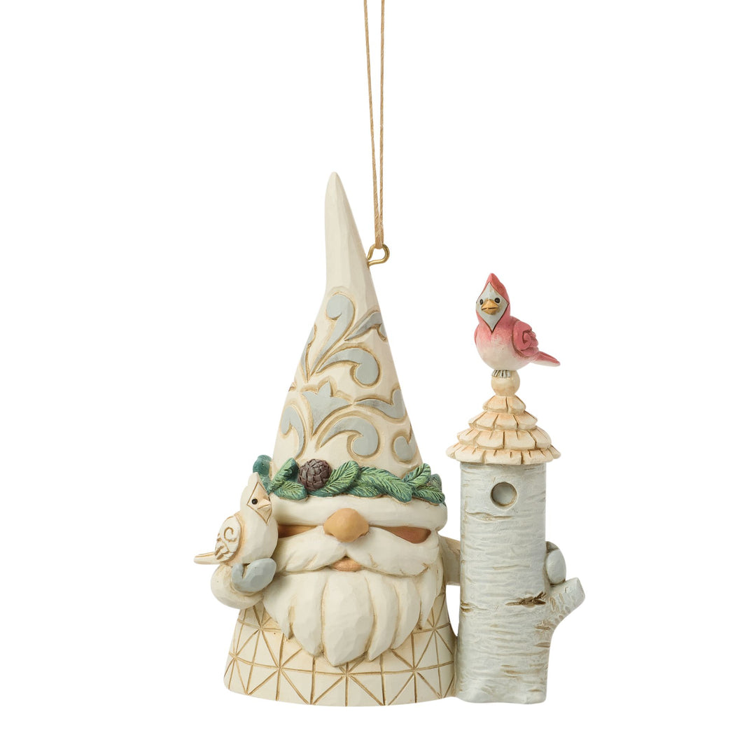 White Woodland Gnome with Birdhouse Hanging Ornament