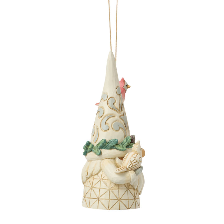 White Woodland Gnome with Birdhouse Hanging Ornament