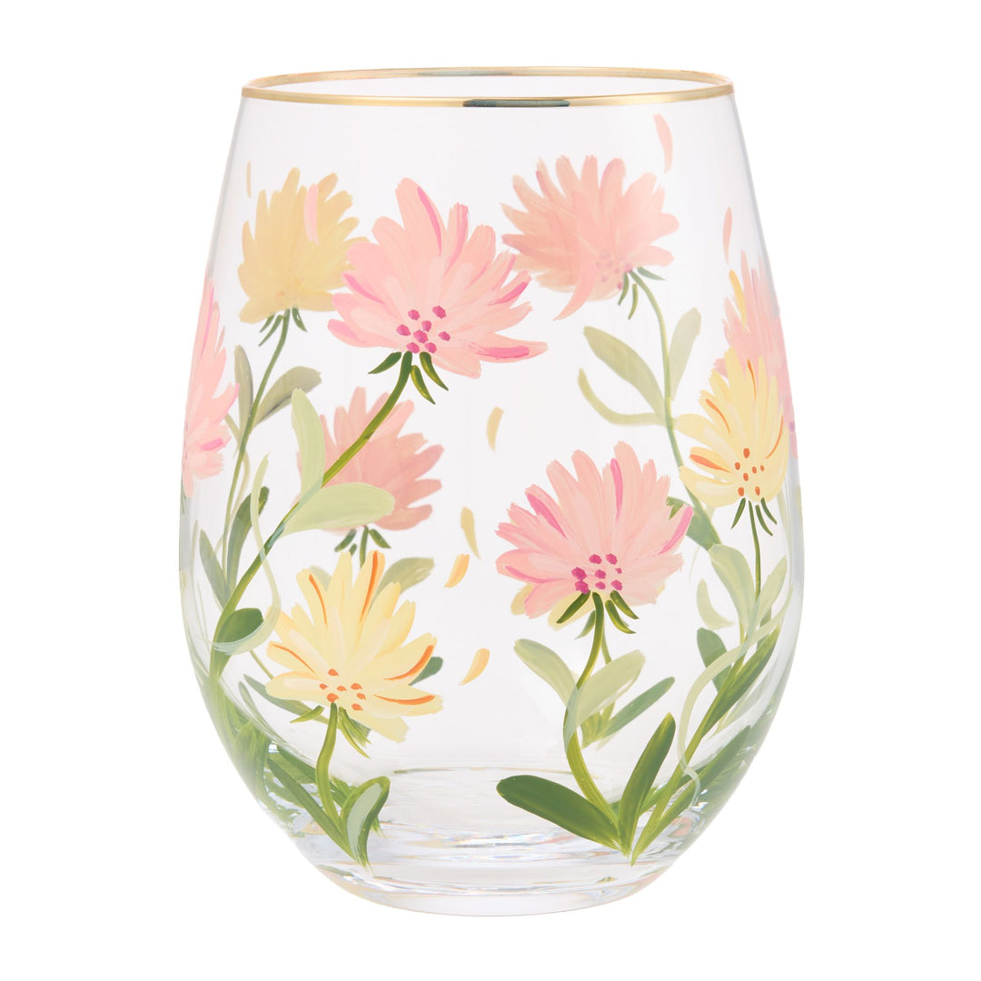 Pink Flower Stemless Glass