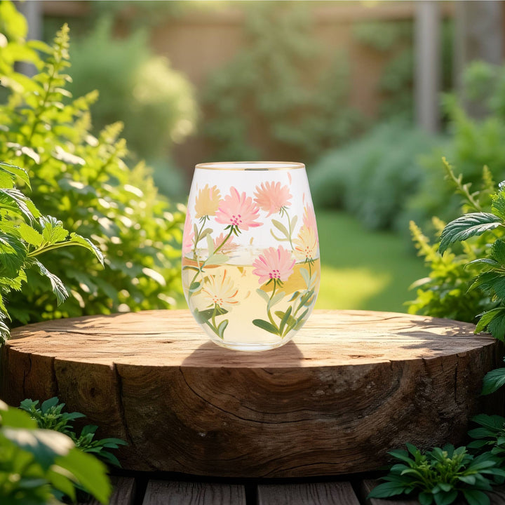 Pink Flower Stemless Glass