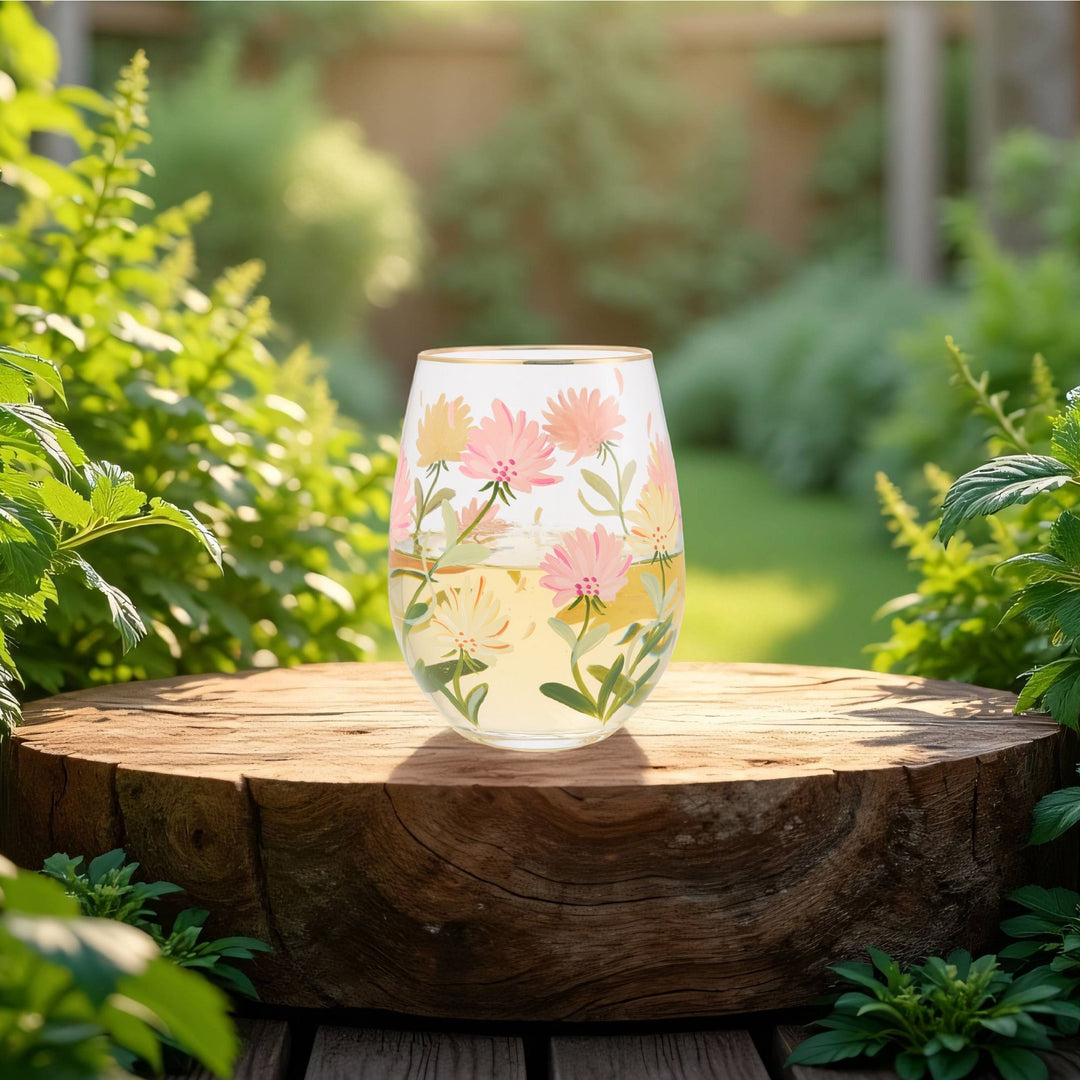 Pink Flower Stemless Glass