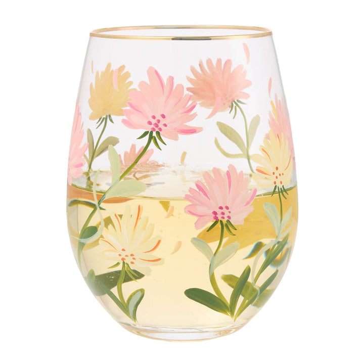 Pink Flower Stemless Glass