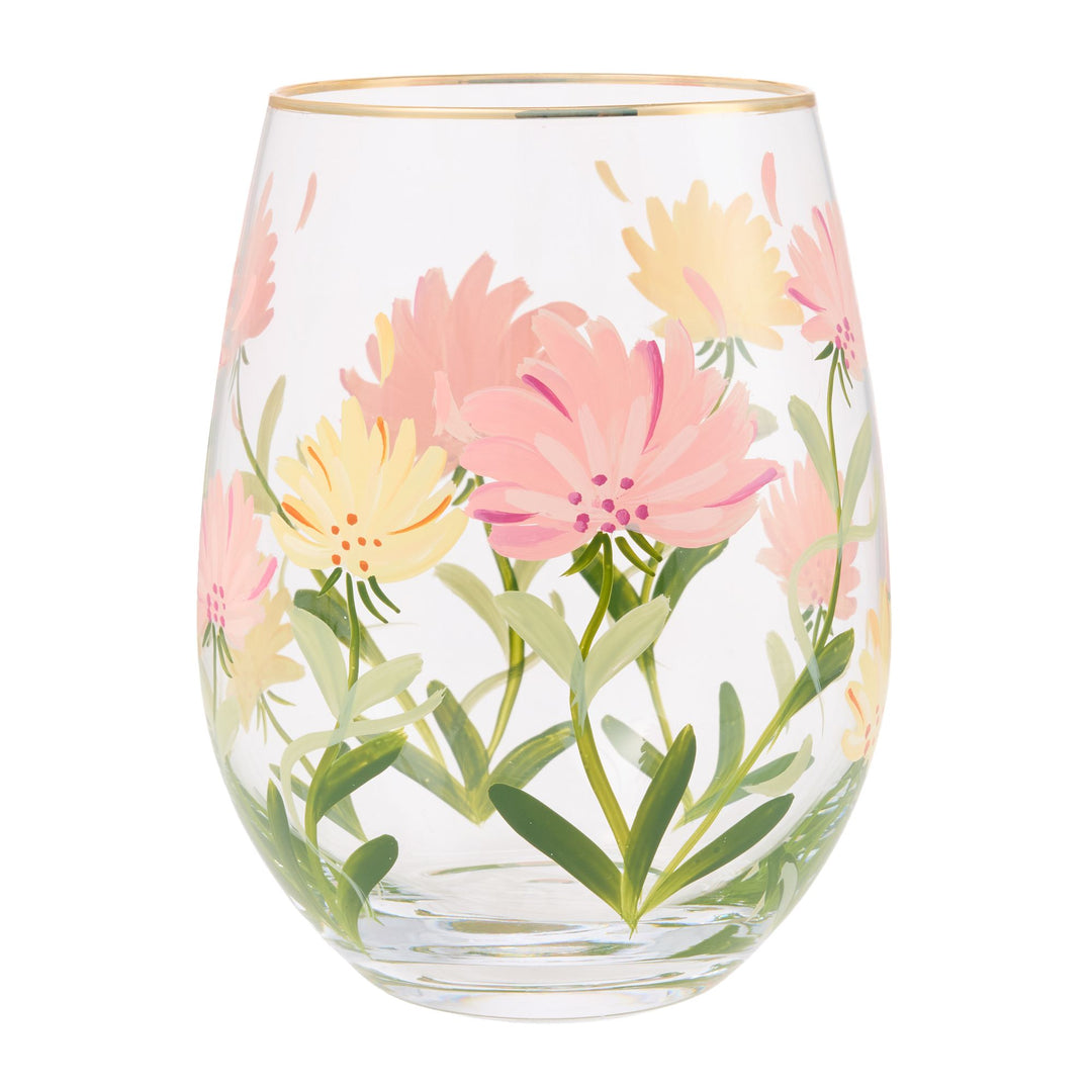 Pink Flower Stemless Glass