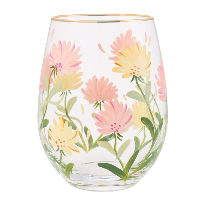 Pink Flower Stemless Glass