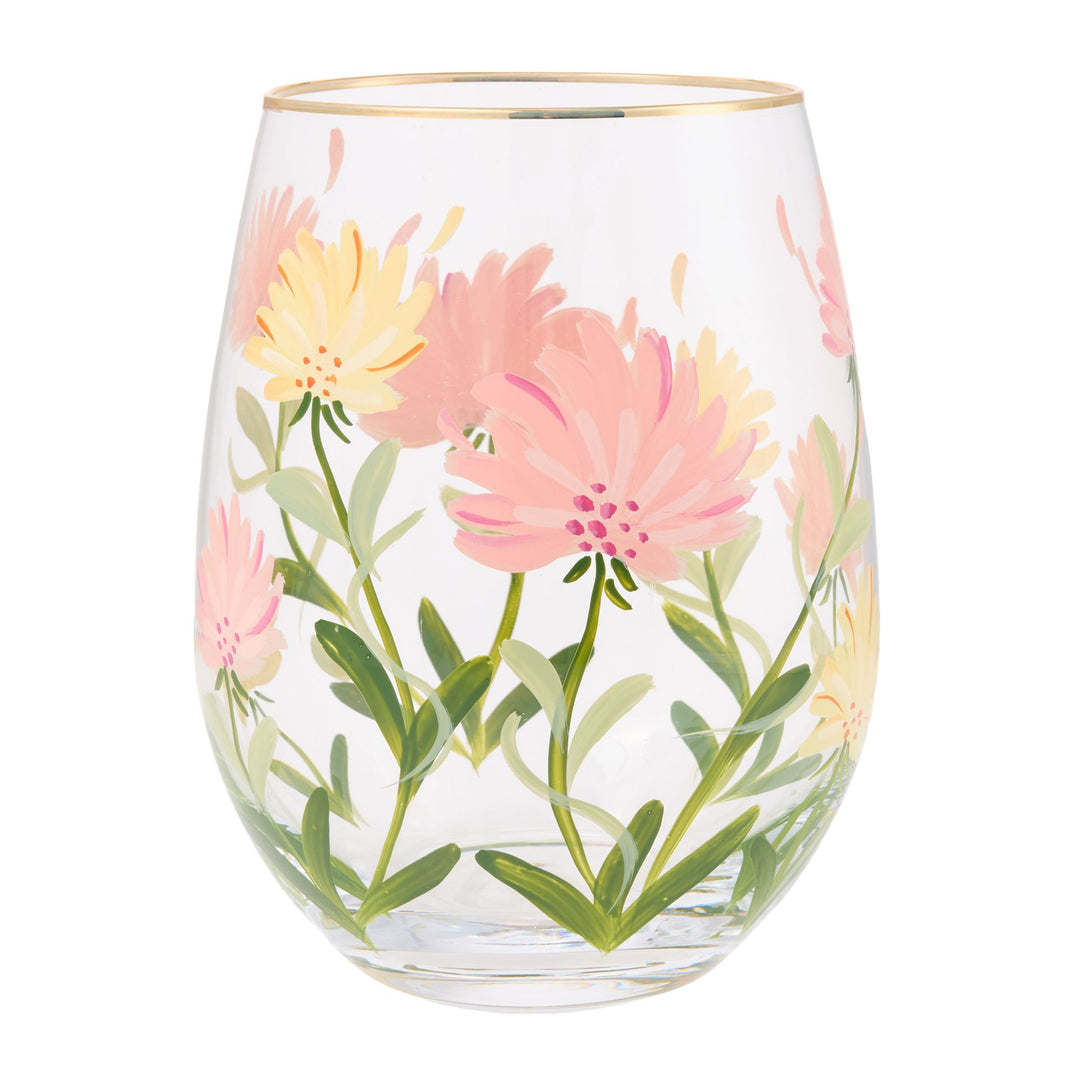 Pink Flower Stemless Glass