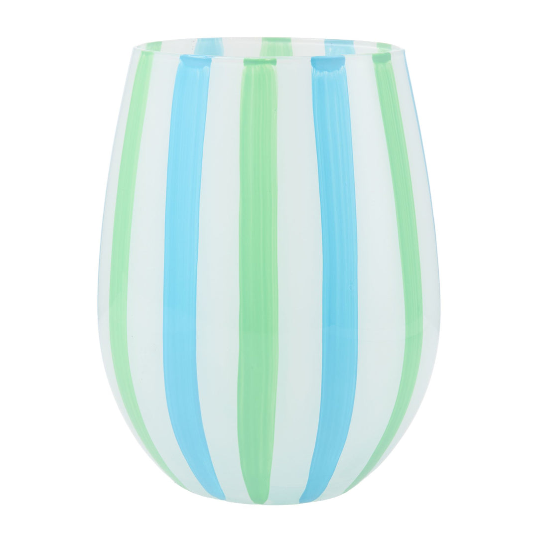 Blue and Green Striped Stemless Glass