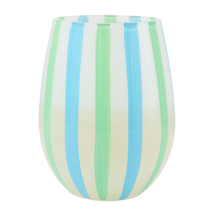 Blue and Green Striped Stemless Glass