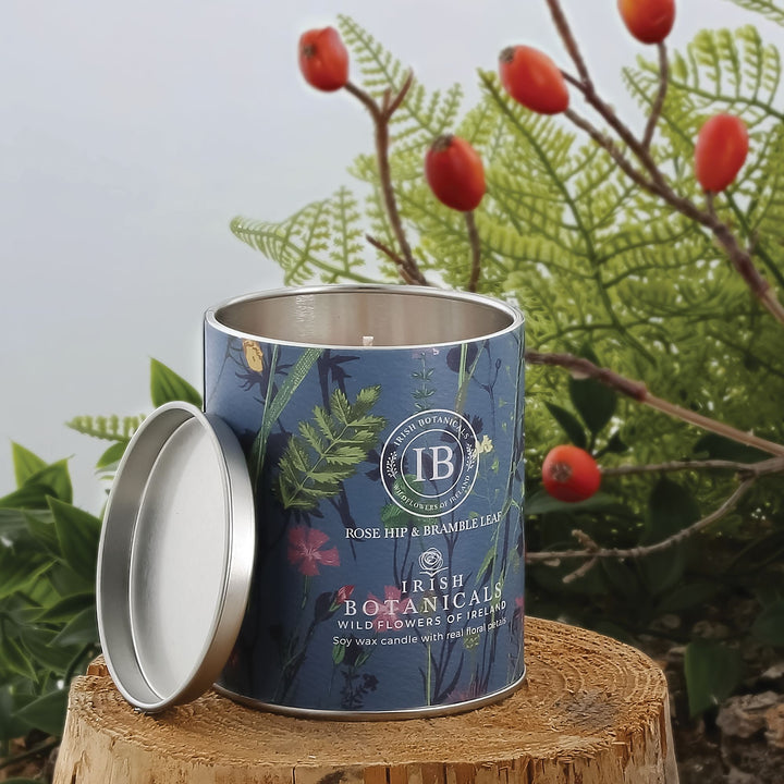 Rosehip and Bramble Leaf Tin Candle by Irish Botanicals