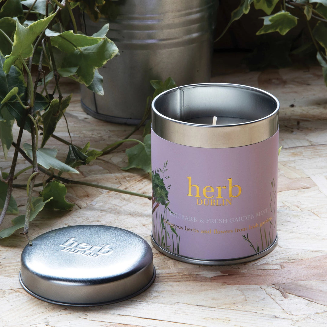 Rhubarb And Fresh Garden Mint Tin Candle by Herb Dublin