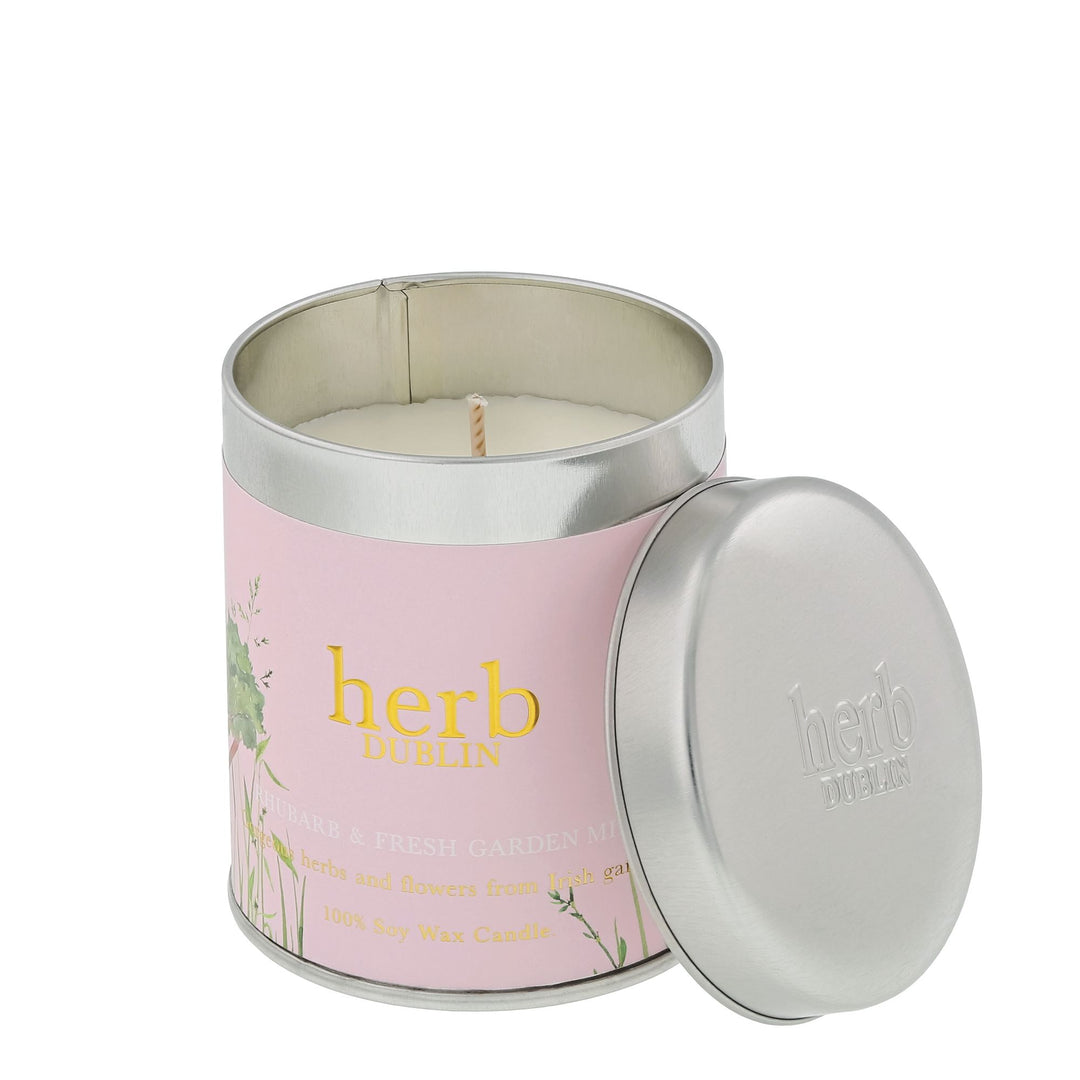 Rhubarb And Fresh Garden Mint Tin Candle by Herb Dublin